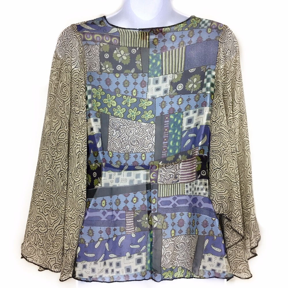 Millenium Sheer Patchwork Print Boho Festival Top - image 3